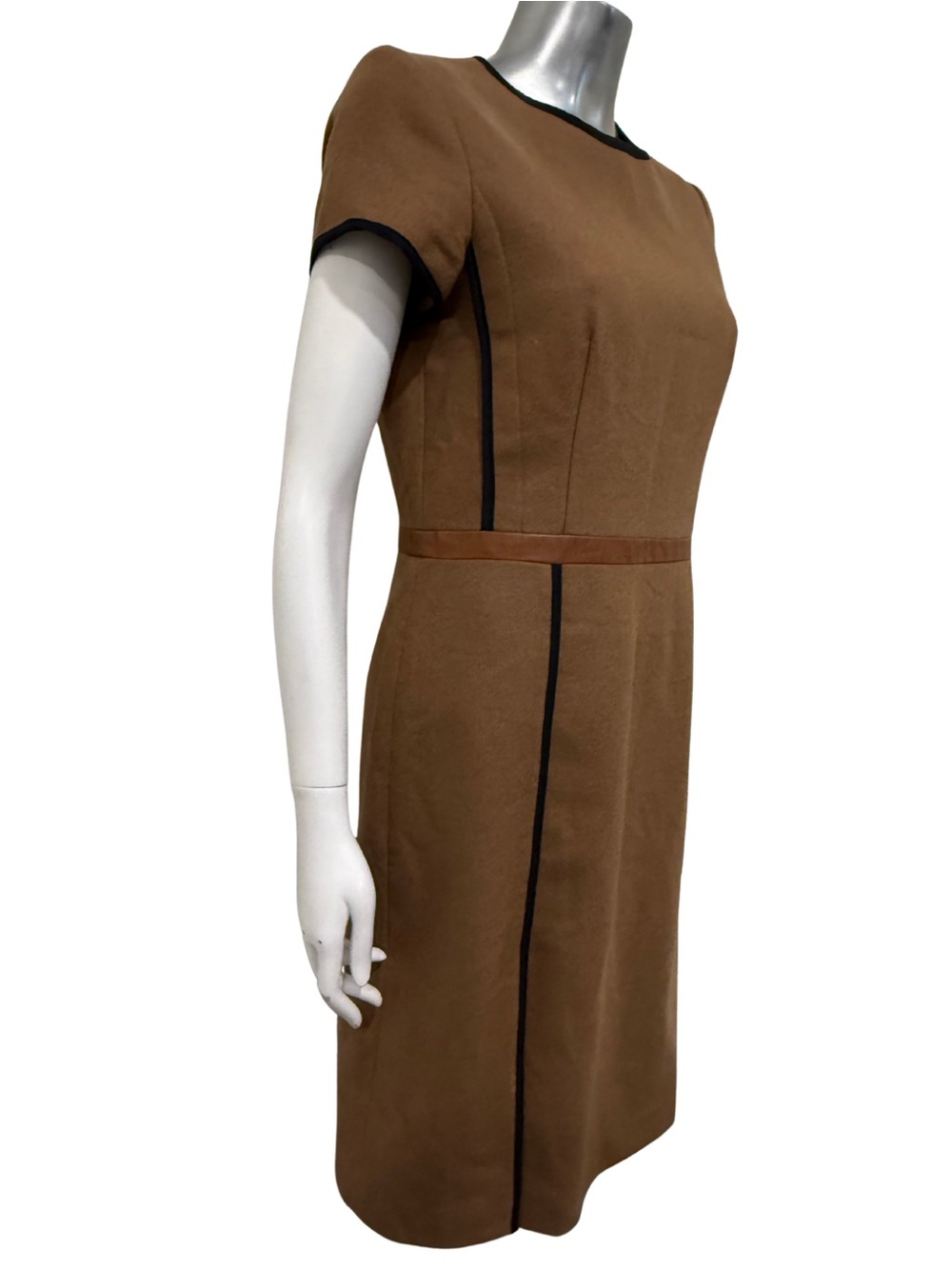Judith & Charles Wool Sheath Dress Size 8 Brown Black Leather Trim Made Canada - Picture 3 of 10